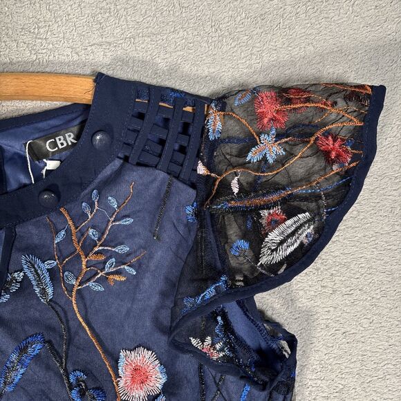 NWT CBR Top Womens Size‎ M Navy Blue Layered Mesh Embroidered Ditsy Forest Fairy - Picture 4 of 14